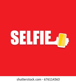 Taking Selfie Photo on Smart Phone concept icon set. vector Selfie label or Selfie badge on red background