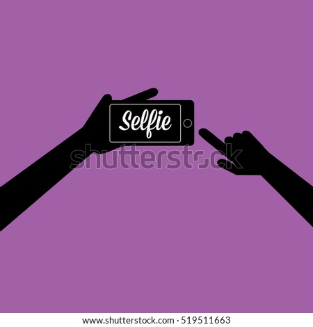 Taking Selfie Photo on Smart Phone concept icon set. vector Selfie label or Selfie badge on violet background