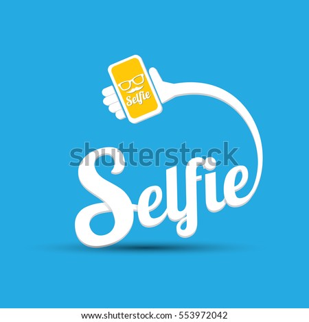 Taking Selfie Photo on Smart Phone concept creative icon. vector Selfie label or Selfie badge on blue background