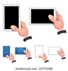 Taking A Selfie Photo With Smart Phone/ Illustration Of A Set Of Cartoon Hands Holding Smart Phone And Doing A Selfie, With Blue Glossy, White Or Black Screen And Portrait Or Landscape Position