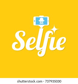 Taking selfie photo. Selfie stick design concept. Selfie label on yellow background. Vector illustration.