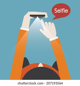 Taking a selfie portrait with smart phone. Cartoon vector illustration. 