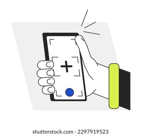 Selfie mit Smartphone-Kamera flache Vektorgrafik. Auto-Fokus auf die Anzeige 2D Cartoon Umriss erste Ansicht Hand auf weiß für Web-UI-Design. Bearbeitbares, isoliertes, buntes Heldenbild