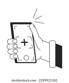 Taking selfie with smart phone camera bw vector spot illustration. Auto focus 2D cartoon flat line monochromatic first view hand on white for web UI design. Editable isolated outline hero image