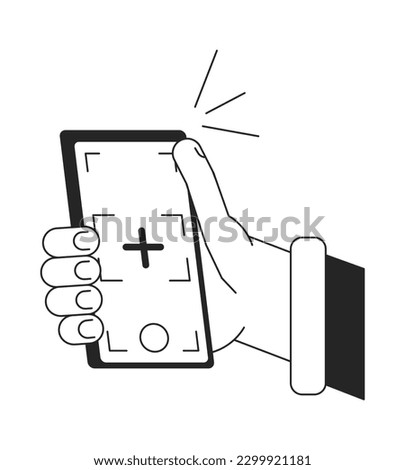 Taking selfie with smart phone camera bw vector spot illustration. Auto focus 2D cartoon flat line monochromatic first view hand on white for web UI design. Editable isolated outline hero image