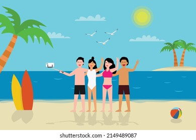 Taking selfie vector concept. Group of young people taking selfie photo together on the tropical beach while enjoying summer holiday