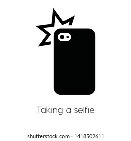 taking a selfie vector icon. Linear style sign for mobile concept and web design. taking a selfie symbol illustration. Pixel vector graphics - Vector.  