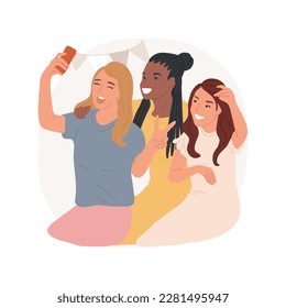 Taking selfies isolated cartoon vector illustration  Hanging out and girls  taking selfie  leisure time in room together  smiling teenager friends holding camera in hands vector cartoon 