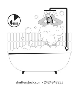 Taking shorter shower black and white cartoon flat illustration. South asian bathtub woman 2D lineart character isolated. Reduce electricity usage. Water conservation monochrome vector outline image