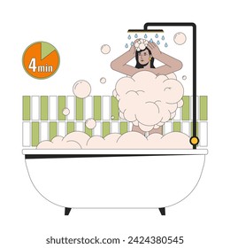 Taking shorter shower line cartoon flat illustration. South asian bathtub woman 2D lineart character isolated on white background. Reduce electricity usage. Water conservation scene vector color image