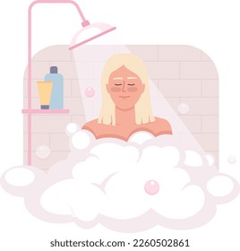 Taking shower after waking up 2D vector isolated illustration. Happy blond woman bathing with bubbles flat character on cartoon background. Colorful editable scene for mobile, website, presentation