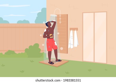 Taking shower in backyard flat color vector illustration. Keeping cool in summer. Outdoor shower. Suntanned man in swimming shorts 2D cartoon faceless character with beach house on background