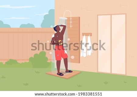 Taking shower in backyard flat color vector illustration. Keeping cool in summer. Outdoor shower. Suntanned man in swimming shorts 2D cartoon faceless character with beach house on background