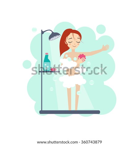 Taking a Shower. Daily Routine Activities of Women. Colourful Vector Illustration