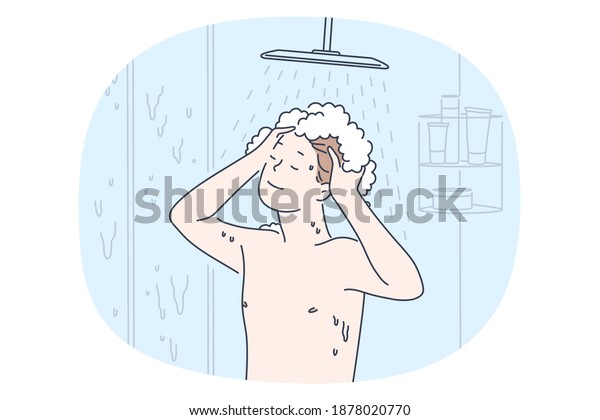 Taking shower and\
personal hygiene concept. Young smiling boy enjoying shampoo and\
hot water during taking shower in bathroom. Routine casual things\
for individual bodycare\

