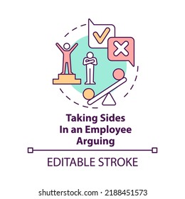 Taking Sides In Employee Arguing Concept Icon. Unethical Behavior In Workplace Abstract Idea Thin Line Illustration. Isolated Outline Drawing. Editable Stroke. Arial, Myriad Pro-Bold Fonts Used