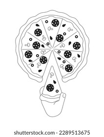 Taking slice of pizza monochromatic flat vector first view hand. Eating handmade cheese pepperoni. Editable thin line icon on white. Simple bw cartoon spot image for web graphic design, animation