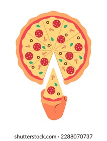 Taking slice of pizza semi flat colour vector first view hand. Eating handmade cheese pepperoni. Editable cartoon style icon on white. Simple spot illustration for web graphic design and animation