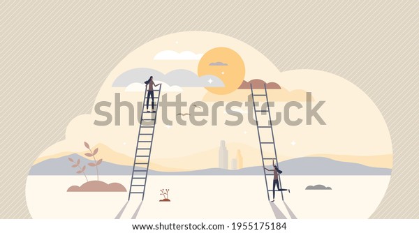 Taking small steps and be patient for big
achievements tiny person concept. Persistence and daily effort for
target and goal reaching compared with rushed and exaggerated
ambitions vector
illustration