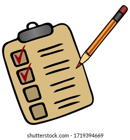 Taking a survey or test. Action plan point by point. Work online in quarantine. Check the box with a pencil. Voting bulletin. Vector illustration. Isolated white background. Cartoon style. Form.