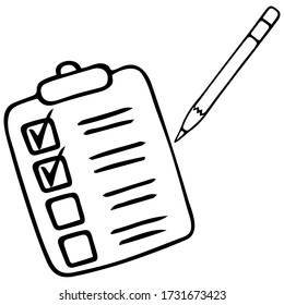 Taking A Survey Or Test. Action Plan Point By Point. Work Online In Quarantine. Check The Box With A Pencil. Voting Bulletin. Sketch. Vector Illustration. Outline On An Isolated Background. Doodle.