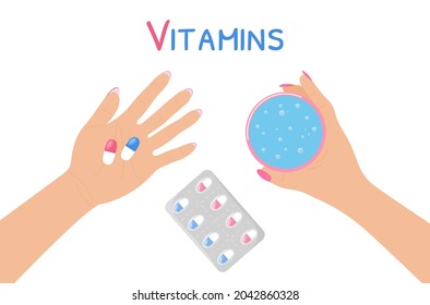 Tomar píldoras de vitaminas. Cápsulas de medicamentos en la vista superior de palm. Manos de mujer sosteniendo comprimidos y agua. Concepto saludable. Ilustración plana vectorial.