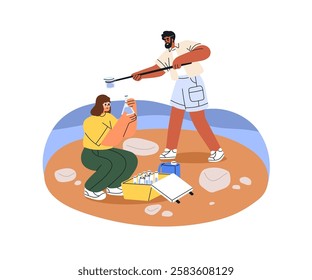 Taking water sample for research and quality analysis. Ecology and nature study. Scientists, sea contamination and pollution control, check, test. Flat vector illustration isolated on white background