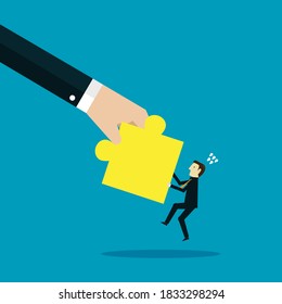 Taking a yellow jigsaw from businessman. Vector design