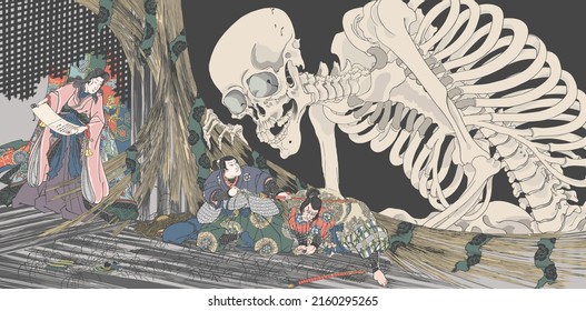 Takiyasha the Witch and the Skeleton Specter - Utagawa Kuniyoshi (Princess Takiyasha Calling up a Monstrous Skeleton Specter at the Old Palace in Soma. And Samurai Oyataromitsukuni exterminates it.)