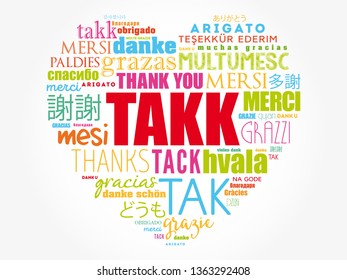 Takk (Thank You in Icelandic) love heart Word Cloud in different languages
