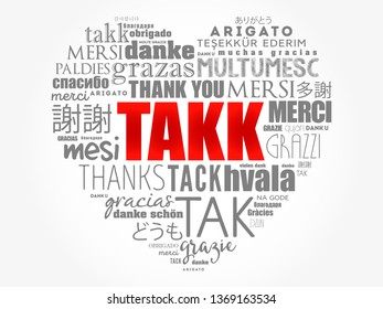 Takk (Thank You in Icelandic) love heart Word Cloud in different languages