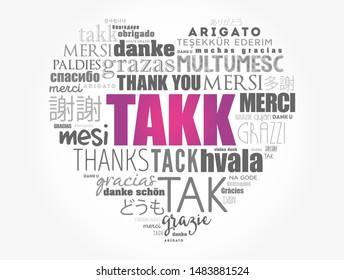 Takk (Thank You in Icelandic) love heart Word Cloud in different languages