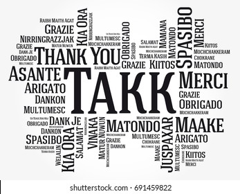 Takk (Thank You in Icelandic) Word Cloud background, all languages, multilingual for education or thanksgiving day