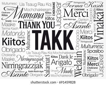 Takk (Thank You in Icelandic) Word Cloud background, all languages, multilingual for education or thanksgiving day