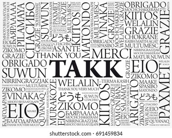 Takk (Thank You in Icelandic) Word Cloud background, all languages, multilingual for education or thanksgiving day