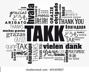 Takk (Thank You in Icelandic) Word Cloud background, all languages, multilingual for education or thanksgiving day