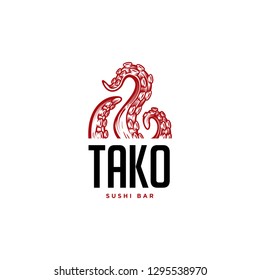 "Tako" tentacles logo. Hand drawn vector illustration of an octopus palps  in engraving technique. Elegant emblem design for Japanese cuisine restaurant, sushi bar.