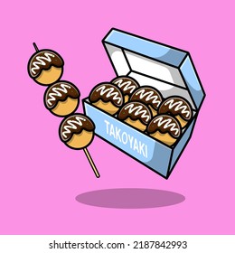 Takoyaki With Box Cartoon Vector Icon Illustration. Food Flat Cartoon Concept