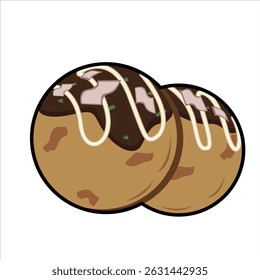 Ícone colorido de Takoyaki, Ícone colorido bonito de bolas de takoyaki com molho, maiô e flocos de bonito.