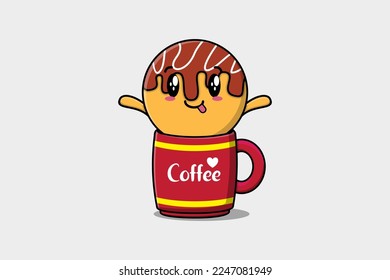 Takoyaki cute character illustration in a coffee cup in flat modern design