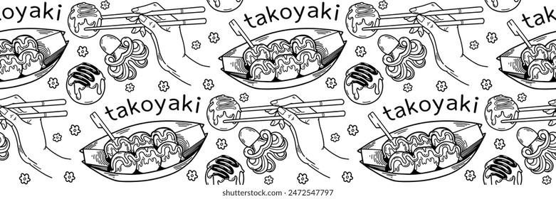 Takoyaki doodle seamless pattern. Japan street food hand drawn background. Unagi, octopus, sauces and hand with chopsticks hashi. Background for cafes, bars, menu, recipe. Vector outline illustration