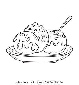 Takoyaki food on the plate, black and white Line art vector illustration 