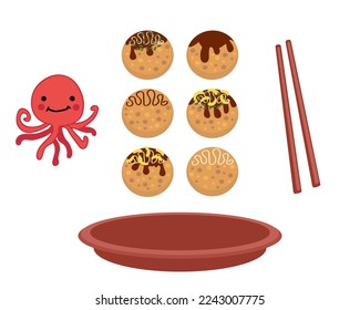 Takoyaki fried octopus balls with plate and chopsticks. Perfect for tee, poster, menu and print. Isolated vector illustration for decor and design. 

