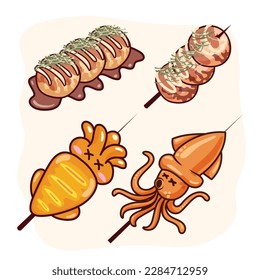 takoyaki and grill squid. Vector illustration.