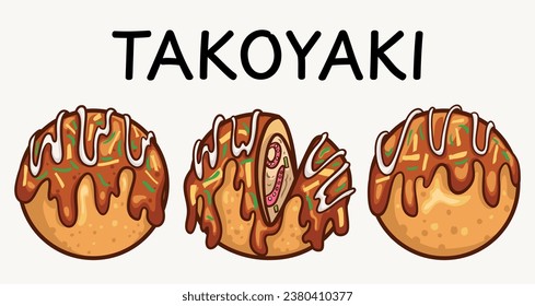 Ilustración vectorial de la colección de aperitivos Takoyaki aislada en fondo blanco. ilustración de varias bolas takoyaki