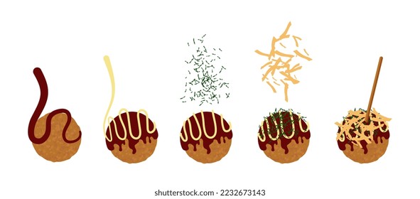 Takoyaki Japanese street food decoration vector illustration isolated on white. Takoyaki ball alternately with sauce, mayonnaise, seaweed, bonito flakes and final result