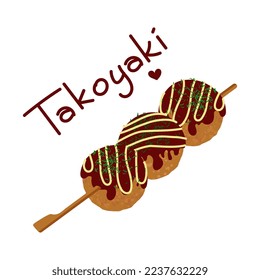 Takoyaki Japanese street food on stick vector illustration isolated on white background. Three takoyaki balls with sauce, mayonnaise and seaweed. Flat cartoon style