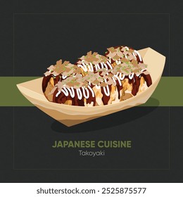 Takoyaki, una comida callejera japonesa en Ilustración vectorial. Bolas saladas llenas de pulpo. También conocidas como “bolas de pulpo” o “bolas de pulpo”.