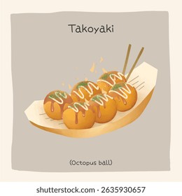 Takoyaki, bola de polvo em aquarela estilo de ilustração realista. Vetor isolado de deliciosa comida tradicional japonesa autêntica. Delicioso gostoso takoyaki cartoon para menu, café, cartaz, banner