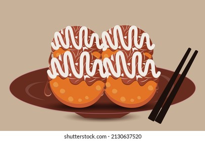 takoyaki are placed on a brown plate. japanese street food, octopus balls, cartoon vector illustration